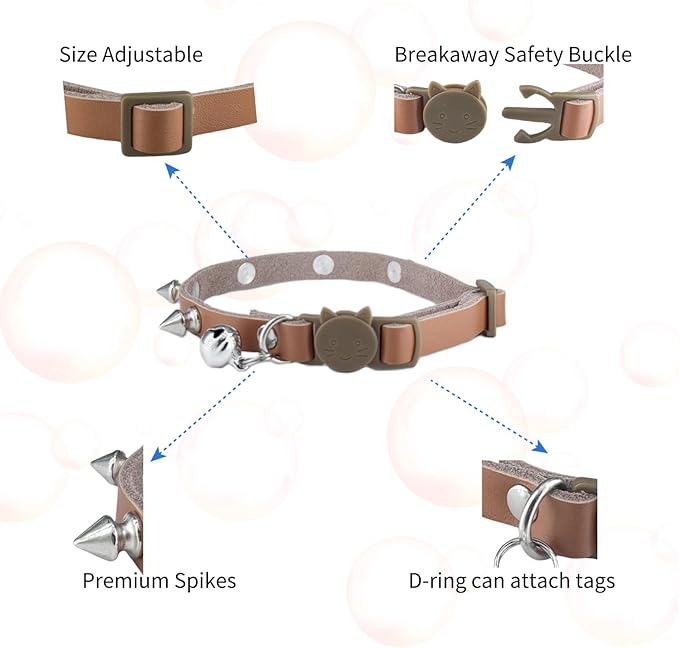 Spiked Cat Collar with Bells, Breakaway Genuine Leather Protective Collar for Kitty, Studs Spikes Punk Style Adjustable for Girl Boy Kittens Small Bunny Rabbit, 8"-9.5" Brown