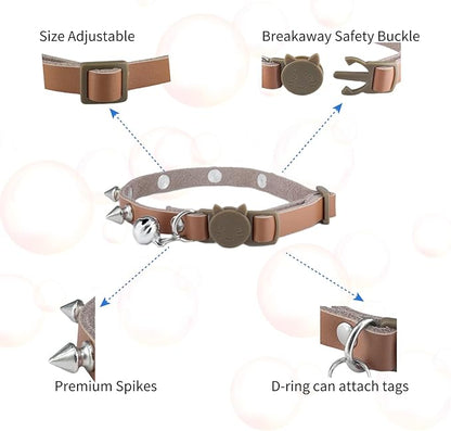 Spiked Cat Collar with Bells, Breakaway Genuine Leather Protective Collar for Kitty, Studs Spikes Punk Style Adjustable for Girl Boy Kittens Small Bunny Rabbit, 8"-9.5" Brown