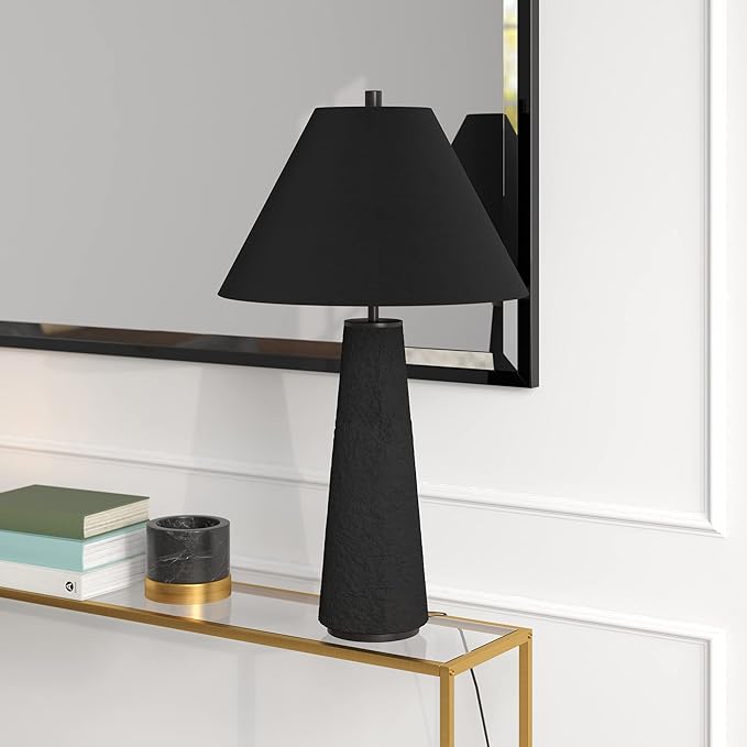 Henn&Hart 27.5'' Transitional 1-Light Table Lamp with Tapered Ceramic Base and White Fabric Cone Shade for Living Room, Bedroom, or Office, Matte Black