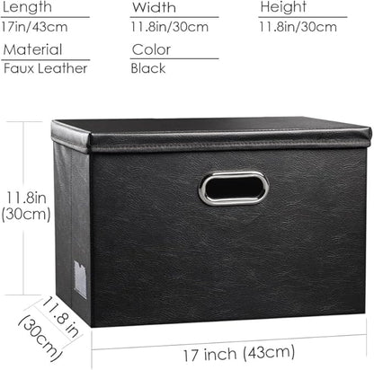 PRANDOM Large Collapsible Storage Bin with Lid [1-Pack] Leather Fabric Foldable Storage Box Organizer Containes Basket Cube with Cover for Home Bedroom Closet Office Nursery Black (17.7x11.8x11.8)