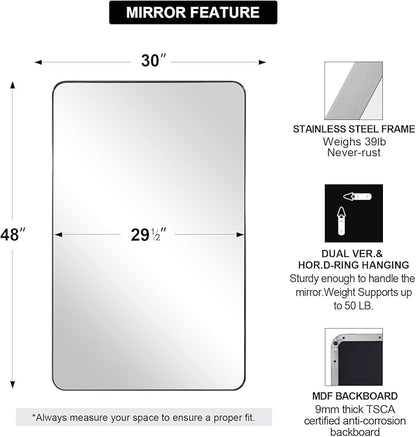 ANDY STAR 30"x48" Brushed Nickel Bathroom Mirror, Large Wall Mirror
