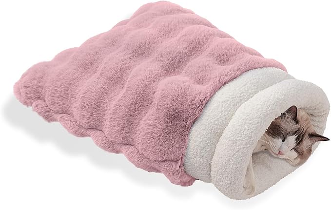 Cat Sleeping Bag for Indoor Cats Self Warming Cat Bed Fits up to 15 lbs Pets Soft Plush Warm Bed 360° Wrap Bag Washable Comfortable Pet Sleeping Bed 21" × 17" Pink