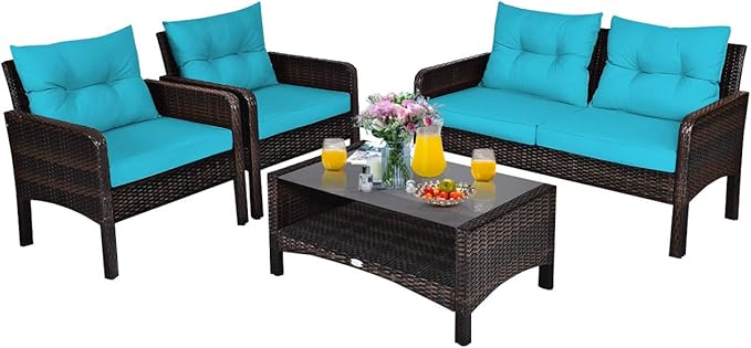 Tangkula 4 Piece Patio Furniture Set, Outdoor Wicker Conversation Set with Glass Top Coffee Table, All Weather Proof and Thick Cushions, Suitable for Porch, Garden, Poolside and Lawn (Turquoise)