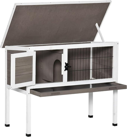 PawHut Elevated Wooden Rabbit Hutch, Indoor/Outdoor Bunny Cage with Hinged Asphalt Roof and Removable Tray for Guinea Pig, Brown