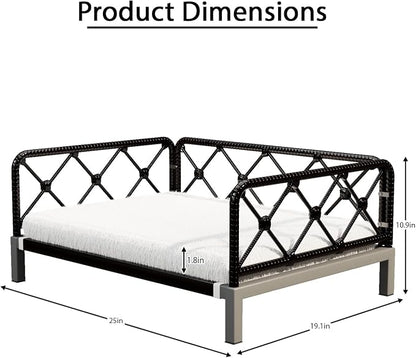 Elevated Indoor & Outdoor Dog Bed for Small Dogs, Durable Rattan Wicker Pet Sofa with Removable Washable Waterproof Cushion, Stylish Dog Couch, Black Rattan/White Mat