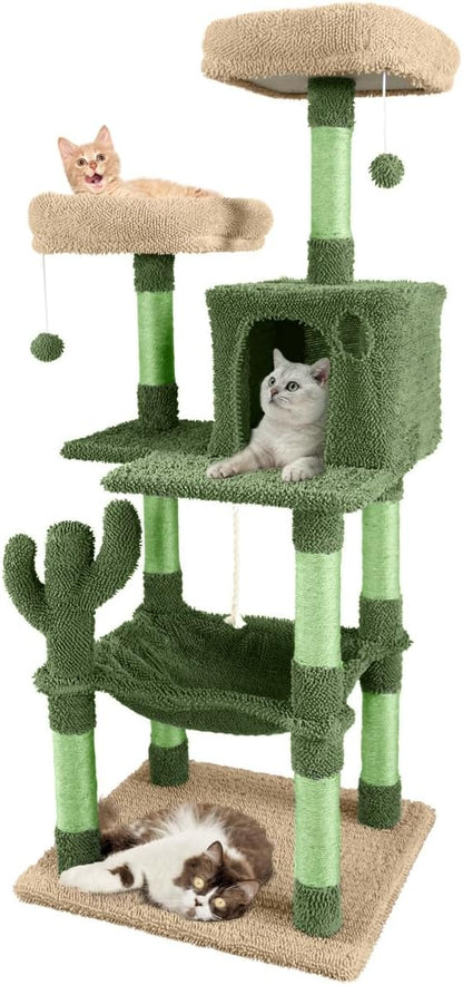 CAPHAUS Cactus Cat Tree for Indoor Cats, Cute 58-Inch Cat Climbing Play Tower with Top Perch for Large Cats Kittens, Multi-Level Cat Activity Tree with Scratching Posts, Hammock, Cat Cave Condo