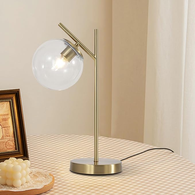 Mid Century Modern Table Lamp, Contemporary Metal Brass Bedside Lamps with Clear Glass lampshade, Gold Globe Nightstand Lamp for Bedroom Living Room Study Room