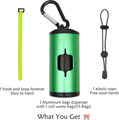 Metal Dog Poop Bag Holder Aluminum Dispenser for Leashes, Hiking & Travel, Lightweight Scratch-Resistant with 3 Attachments and 195 Bags (Emerald Green, 1 Holder 15 Bags)