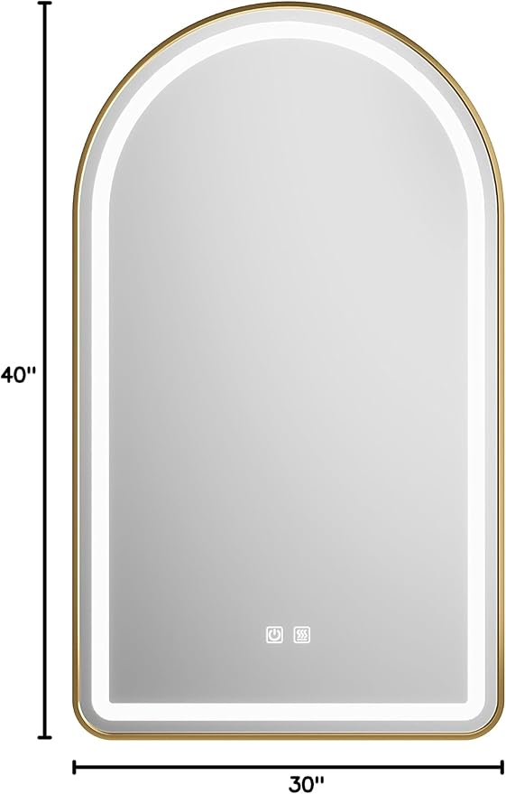 30x40 inch Gold Tempered Glass LED Arched Mirror