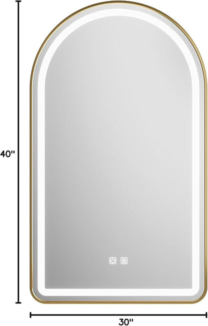 30x40 inch Gold Tempered Glass LED Arched Mirror