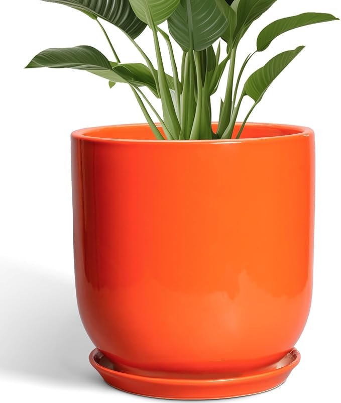 12 Inch Pots for Plants - Ceramic Planter with Drainage Hole and Saucer, Decorative Round Large Plant Pot for Indoor Outdoor Plants, Plant Lover Gifts, Home Office Garden Decor, Orange