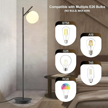 Modern Floor Lamp for Living Room Retro Vintage Tall Standing Lamp Mid Century Black Freestanding Lamp Contemporary Glass Floor Lamps for Bedroom Office Hotel