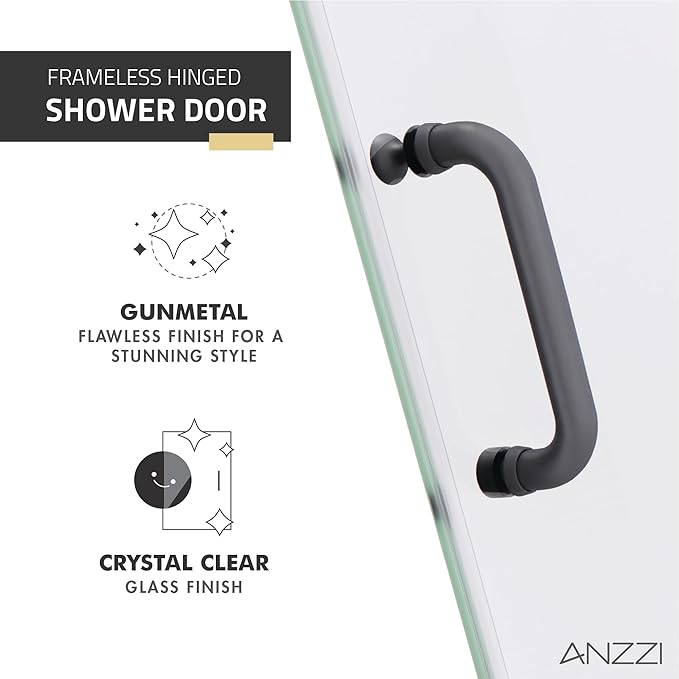 ANZZI 70" x 24" Frameless Shower Door in Gun Metal Black, Passion Water