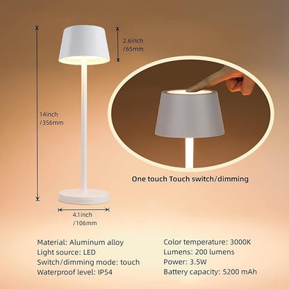 Rechargeable LED Wireless Desk Lamp,with IP54 Waterproof Function and Touch Dimming Table Lamps,Suitable for Indoor and Outdoor Lighting White