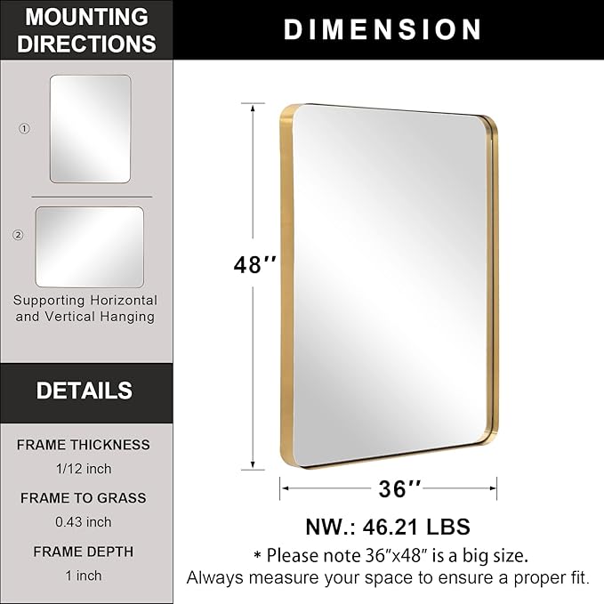 ANDY STAR 36”x48”Gold Bathroom Mirror