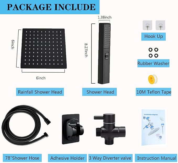 6'' Square High Pressure Rain Black Shower Heads