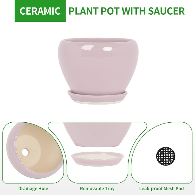 Deep Dream 10 Inch Plant Pot- Ceramic Planter Pot Round Plant Pots for Indoor Plants Outdoor Large Flower Pot with Drainage Holes & Trays, Pink