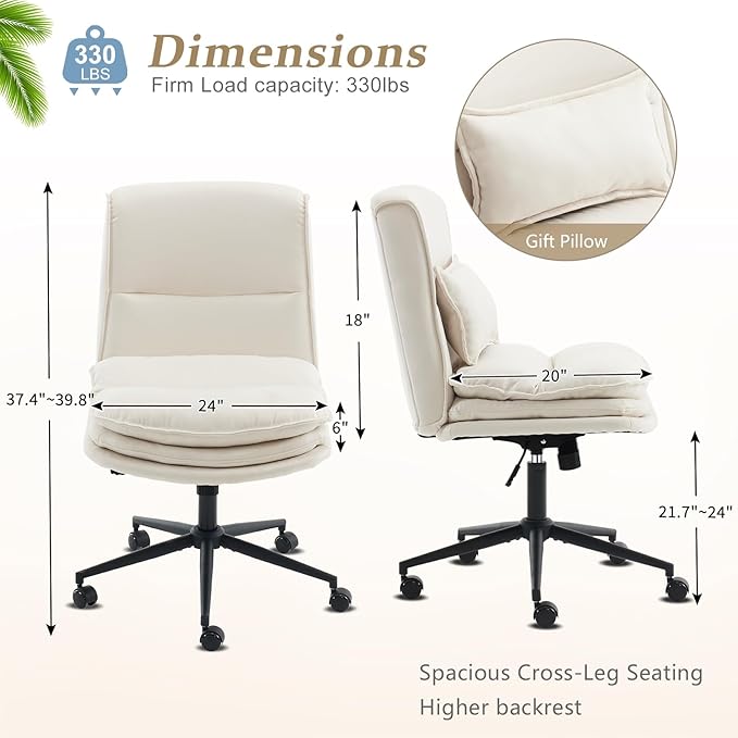 VINGLI Cloud Criss Cross Legged Chair,18" High Back Armless Home Office Desk Chair with Wheels,Wide Adjustable Comfy Padded Seat Task Computer Chair,Modern Swivel Makeup Vanity Chair,Microfiber,Beige