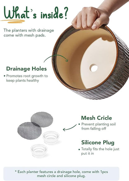 LE TAUCI Succulent Pots, 6.5+8 Inch Ceramic Pots for Plants Indoor, Shallow Round Succulent Planters with Drainage Hole, Set of 2, Reactive Glaze Black