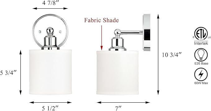 XiNBEi Lighting Wall Light 1 Light Wall Sconce with Drum Fabric Shade in Chrome, Modern Bathroom Vanity Light for Bathroom Bedroom & Living Room XB-W1214-1-CH