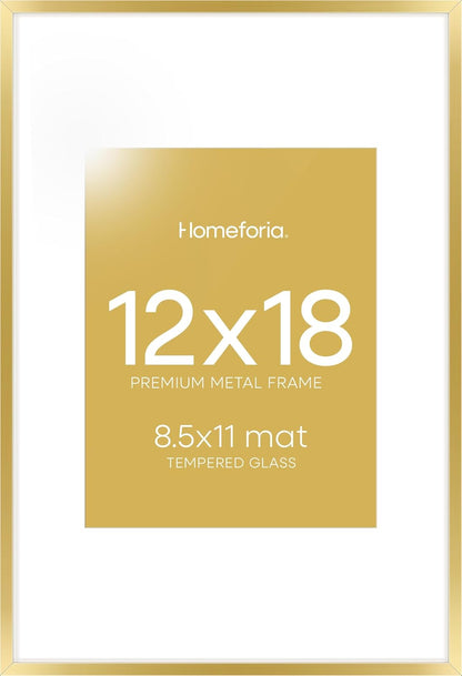 Homeforia 12x18 Picture Frame Gold, High End Metal 12x18 Poster Frames with Mat 8.5x11 Photo, 12 x 18 Gold Frame Matted to 8.5 by 11 Print, 18x12 Thin Hanging Frame, Tempered Glass, Wall Kit, Set of 1