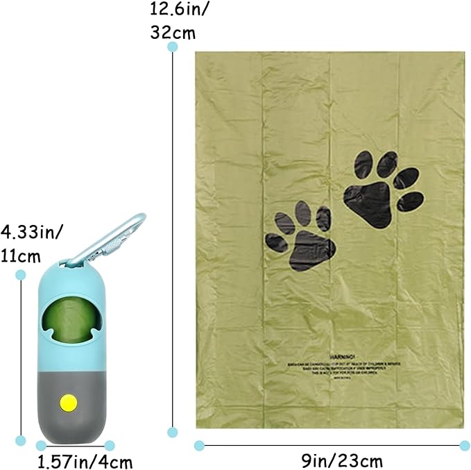 2 Pack Poop Bag Holder with Flashlight Waste Bag Dispenser for Leash with Clip and Battery Poop Bag Dispenser with Green Scented Poop Bags for Dog Walking(Blue,2 Dispenser 60 Bags)