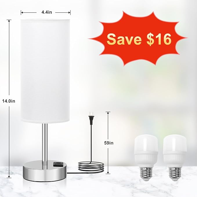 Bedside Table Lamps for Bedroom Set of 2 - Touch Lamp for Nightstand with USB-A+C Charging Ports - 3 Way Dimmable Small Desk Lamp White for Office, Dorm Room, Living Room, Reading, Nursery
