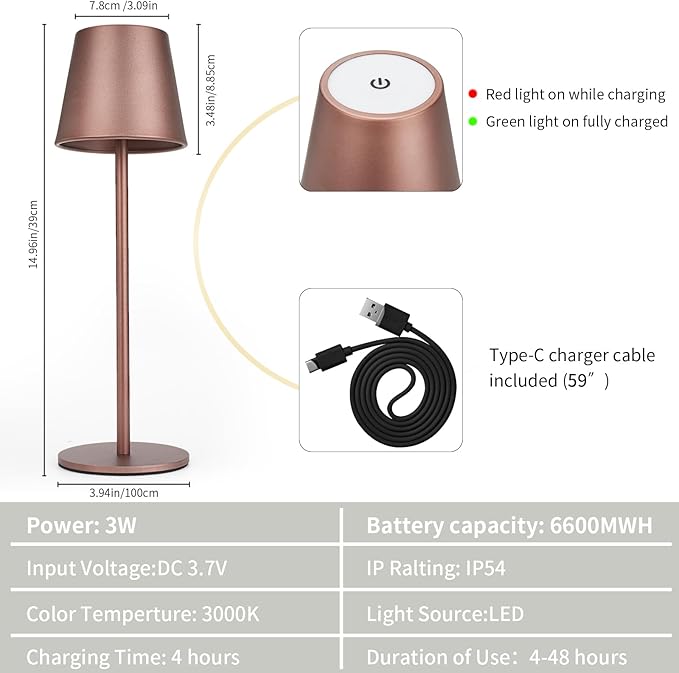 Maksone 2 Pack LED Cordless Table Lamp, 6600mWh Rechargeable Battery Desk Lamp, 3000K Stepless Dimming Night Light, IP54 Waterproof Metal Outdoor Portable Lamp for Camping, Restaurant(Brown)