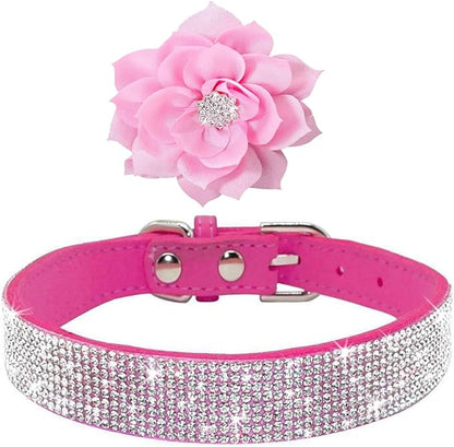 Serijoars Small Dog Collar with Rhinestone Crystal Diamond Colorful Bling Girl Puppy Cat Collars (S, Hot Pink6)