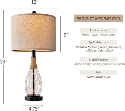 OYEARS 23" USB A+C Table Lamp for Bedroom Living Room Modern Bedside Lamps Retro Farmhouse Rattan Glass Nightstand Nightlight Lamps (Black),Two Light Points