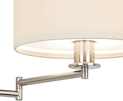 Possini Euro Design Tesoro Modern Swing Arm Wall Mounted Lamp Adjustable LED Brushed Nickel Plug-in Light Fixture Off White Drum Shade for Bedroom Bedside House Reading Living Room Home Hallway