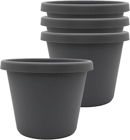 The HC Companies 6 Inch Prima Round Planter Pots with Drainage Holes and Rolled Rim, Lightweight UV-Resistant Plastic Indoor & Outdoor Planters, 4-Pack Flower Pots for Garden & Home Decor, Warm Gray