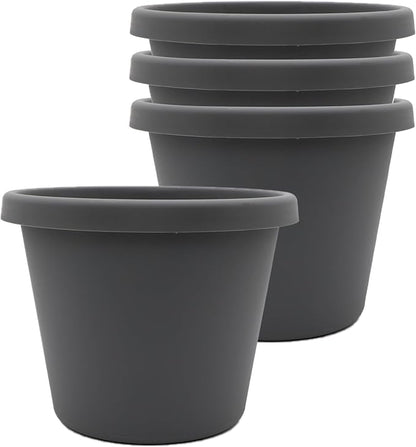 The HC Companies 8 Inch Prima Round Planter Pots with Drainage Holes and Rolled Rim, Lightweight UV-Resistant Plastic Indoor & Outdoor Planters, 4-Pack Flower Pots for Garden & Home Decor, Warm Gray