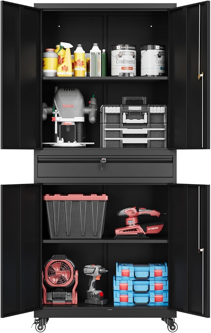 73" Metal Cabinet-Black Heavy Duty Rolling Storage Cabinet Steel Tool Cabinets