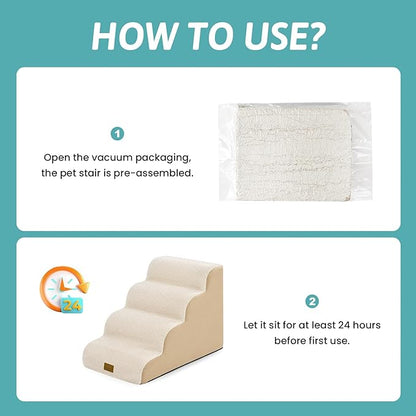 Wide Dog Stairs for Small Dog 19.7" H, Pet Step for Puppy, Older Cat, Curved Ramp for High Bed or Car, Stairs with High Density Foam, Lightweight, Durable, 4 Step, 17.7x28x19.7 inch, Beige