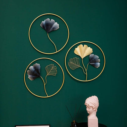 MKUN Iron Wall Sculptures - Set of 3 Metal Round Wall Decor with Gingko Biloba Art Great for Home Hotel Decoration(Gold&Gray)