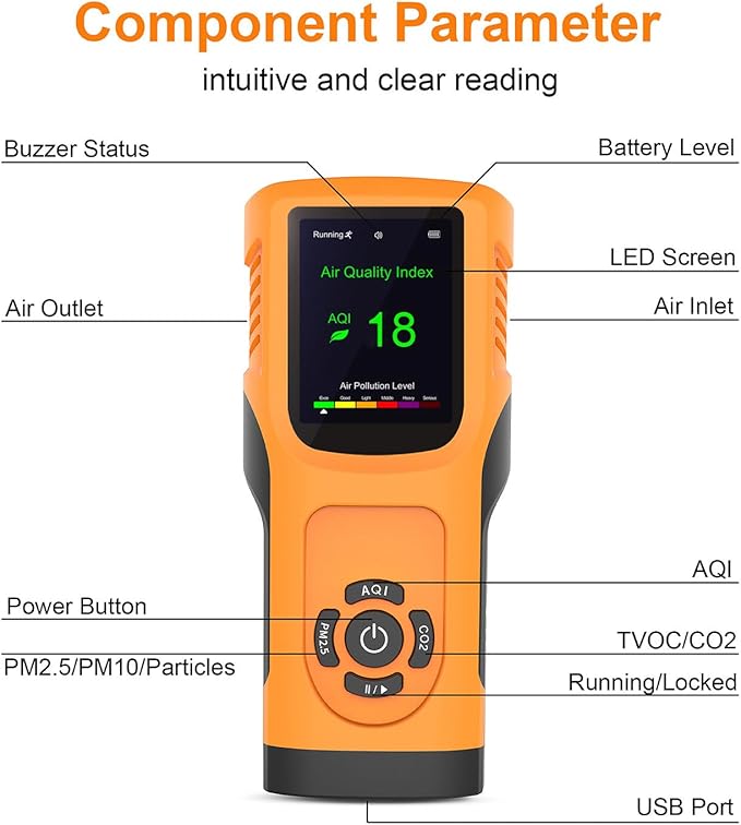 Portable 6-in-1 Air Quality Monitor Indoor Air Quality Tester Air Quality Meter