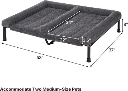 Veehoo Plush Double Dog Couch Bed for 2 Dogs, Washable Elevated Dog Bed | Cooling Raised Pet Cot with Removable Bolster Cushion, Breathable Mesh, No-Slip Feet, 53 x 37 inches, Grey