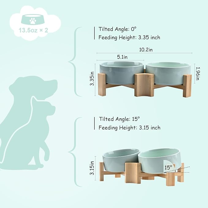 SPUNKYJUNKY 15° Slanted Ceramic Dog and Cat Bowl with Wooden Stand, Tilted Bulldog Food and Water Bowl No Slip Non-Spill for Cats Medium Dogs Big Face Pets 13.5 OZ (1.7 Cups, Morandi Green × 2)