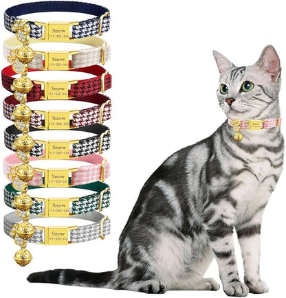 Personalized Breakaway Cat Collars - Magnetic Buckle, Bell - Safety Quick Release, Customized for Girls & Boys Cats - Houndstooth