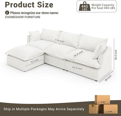 Lopzeho 114” Oversized Modular Sectional Sofa, Comfy Down Fill Cloud Couch with Washable Cover, L Shaped 3 Seater Modular Couch with Ottoman, Convertible Sectional Couches for Living Room, Cream White
