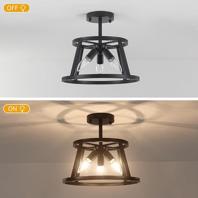 12.59" Black Semi Flush Mount Ceiling Light, 3-Light Modern Close to Ceiling Light Fixtures, Hallway Light Fixtures, Metal Ceiling Lamp for Entryway Bedroom Laundry Dining Room Lighting, UL Listed