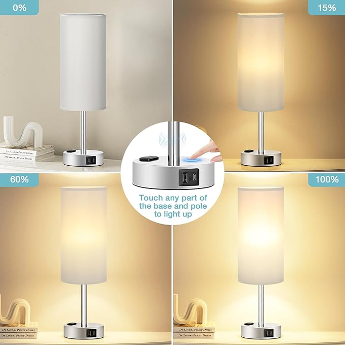 Fenmzee Light Grey Table Lamp for Nightstand - 3 Way Dimmable Touch Bedside Lamp USB C and A Charging Ports and AC Outlet, Small Desk Lamp with Silver Base for Office Nursery, LED Bulb Included