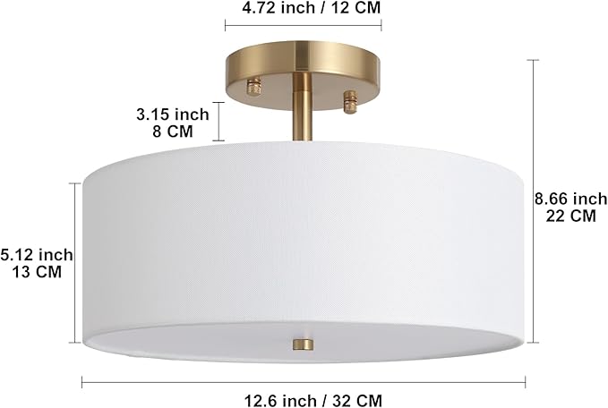 12.6" Semi Flush Mount Ceiling Light Fixture, 3 Light Gold Drum Light Fixtures with White Fabric Shade, Modern Close to Ceiling Lighting for Living Room, Bedroom, Hallway, Entry, Foyer