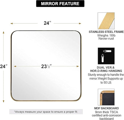 ANDY STAR Square Wall Mirror for Bathroom, 24”x24” Brushed Gold Bathroom Mirror