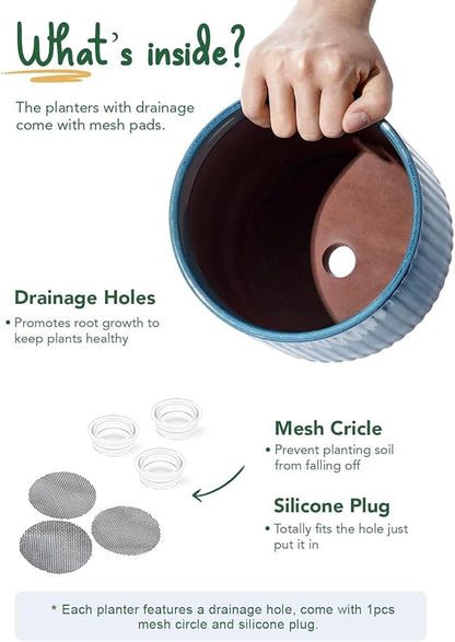 LE TAUCI Ceramic Plant Pots with Drainage Holes, Set of 3, 8+6.7+5.5 Inch Stripe Garden Planter Pots for Outdoor Indoor Plants Flower, Round Succulent Orchid Flower Pot, Reactive Glaze Green