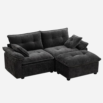 PALLOME 82" Deep Seat Comfy Cloud Couch, Modular Sectional Sofa with Movable Ottoman, L Shaped Chenille Sofa for Small Space, Modern Apartment Living Room & Office (Grey, 2-Seat + Ottoman)