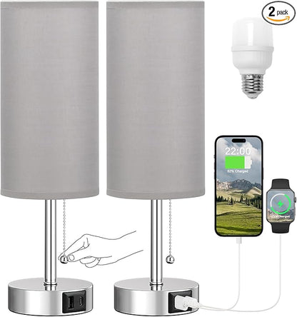 Silver Bedside Lamps for Bedroom Set of 2 - Nightstand Table Lamp with USB A + C Charging Port, 3 Color Temperatures Pull Chain Night Stand Light, Side Table Desk Reading Lamp for Living Room/Dorm