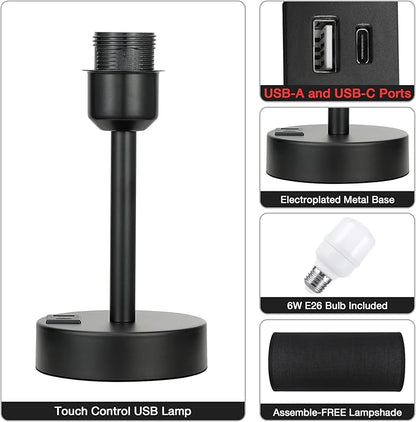Black Touch Nightstand Lamps for Girl - Small Bedside Lamp with USB-C and USB Charging Ports, 3 Way Dimmable Control Table Lamp for Living Room Office, Dorm, Reading with Fabric Shade Black Base