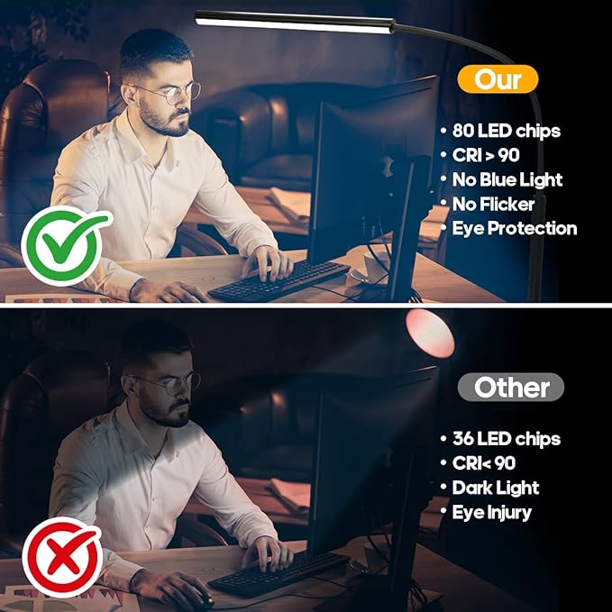 LED Desk Lamp with Clamp, Eye-Protection Clip on Desk Lamp, 5 Modes 10 Brightness Adjustment, 360°Flexible Gooseneck Lamp for Home Office, Lamps with USB Adapter，Black